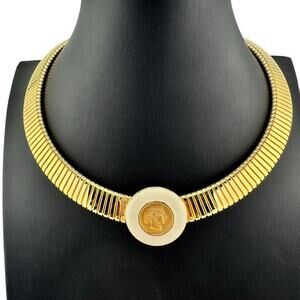 Vintage Monet 1980s Roman Coin Cream Enamel Gold Tone Omega Chain 16" Necklace
